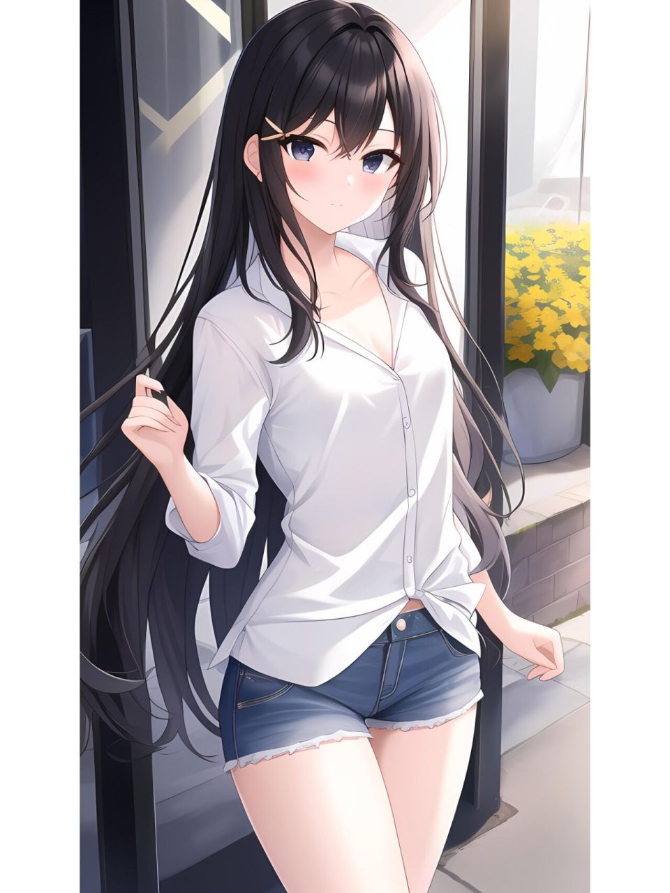 牛仔裤长发飘逸阳光女孩,动漫二次元绘画