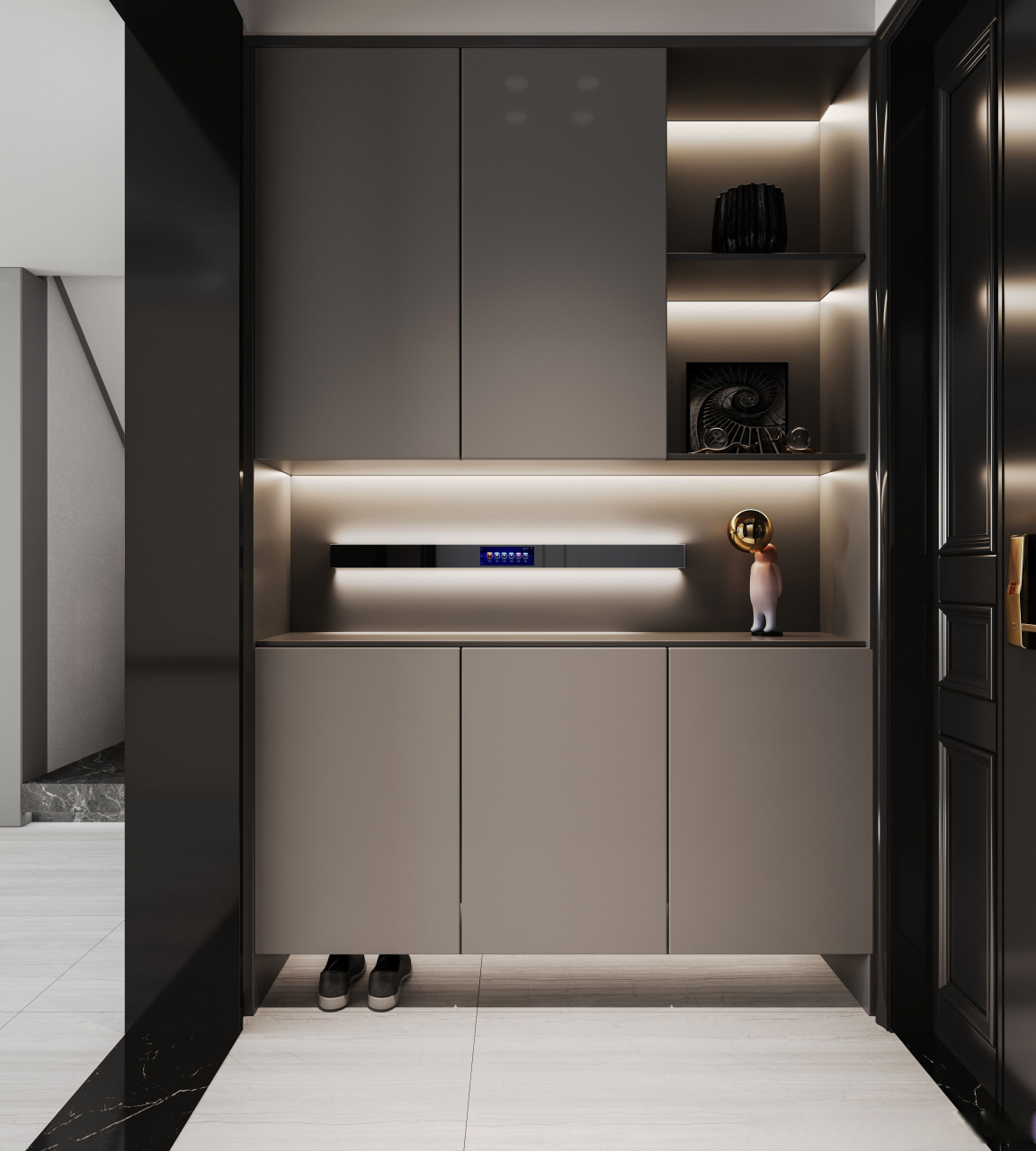 玄关灯光这样布置 让亲朋好友眼前一亮 玄关柜底部安装灯带 营造悬浮