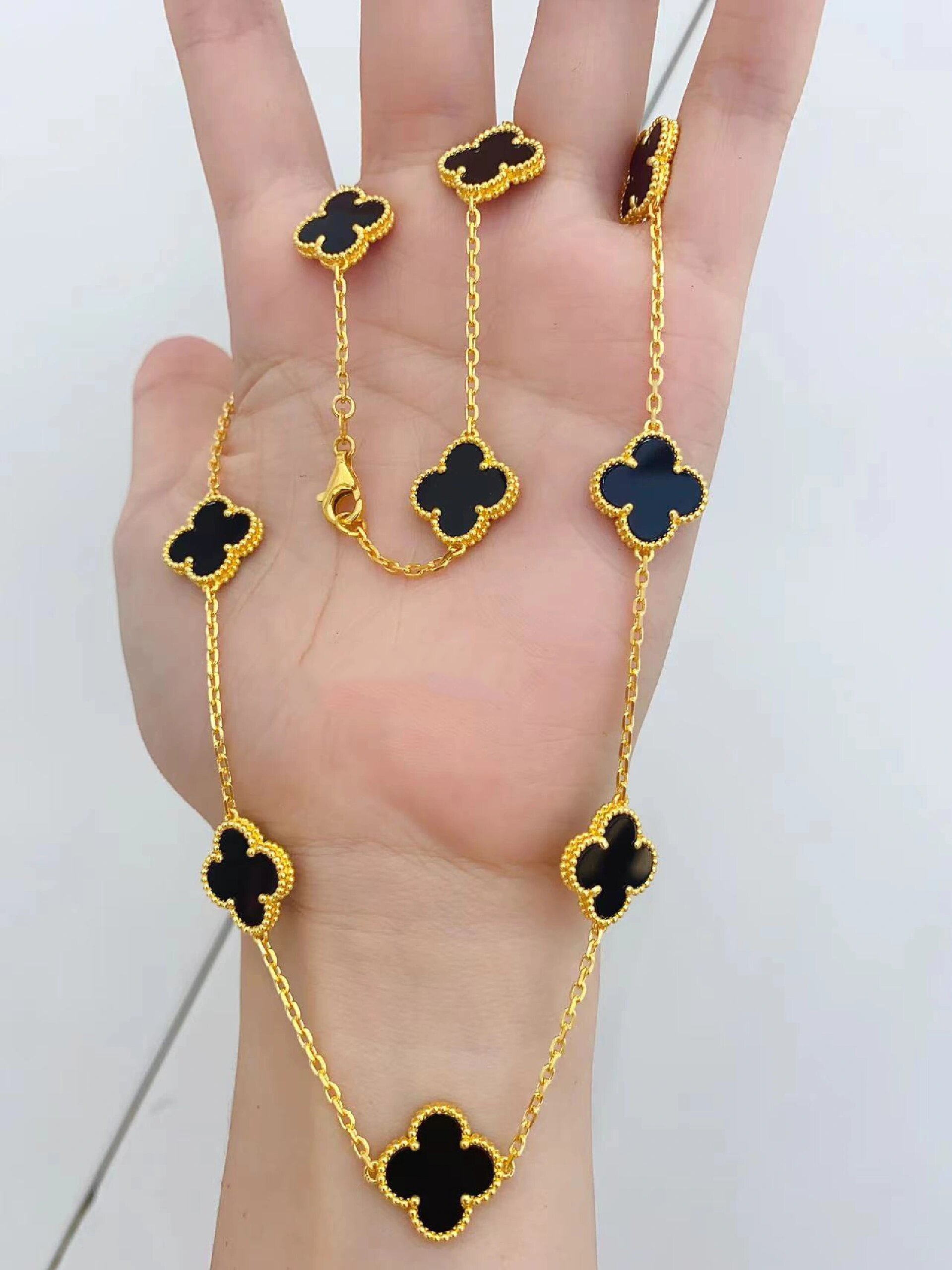 一眼沦陷黑四叶草十花黄金项链 为姐妹定制的十个花黑四叶草项链