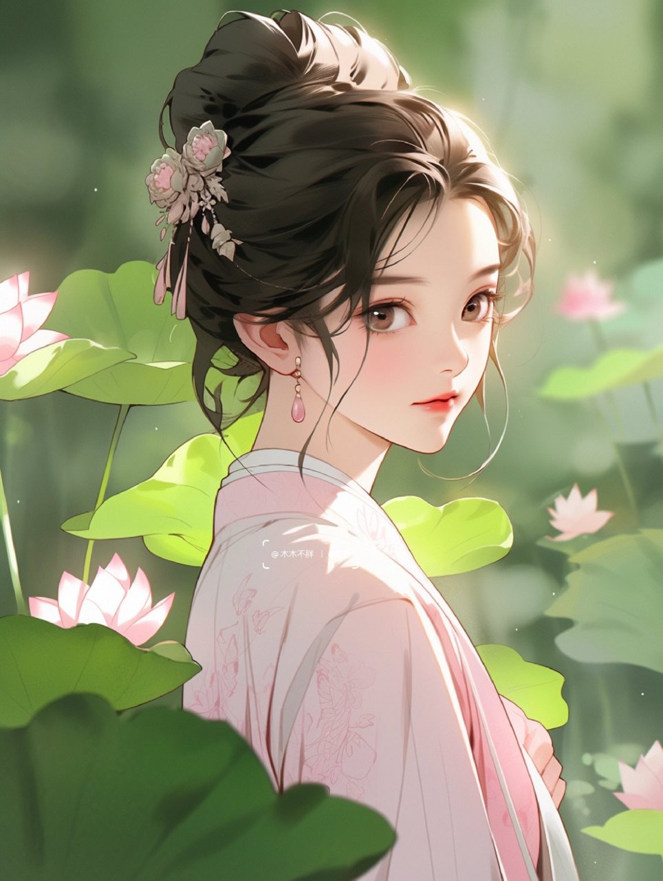 荷花篇七|夏日荷花汉服古风美少女神仙壁纸 误入莲花深处, 西湖边的雨