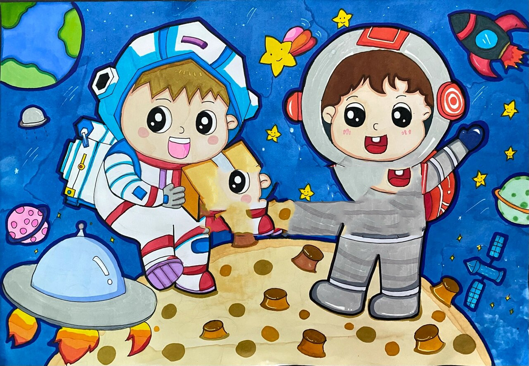 太空漫步主题画|简笔画 宇宙太空简笔画,主题画太空探索