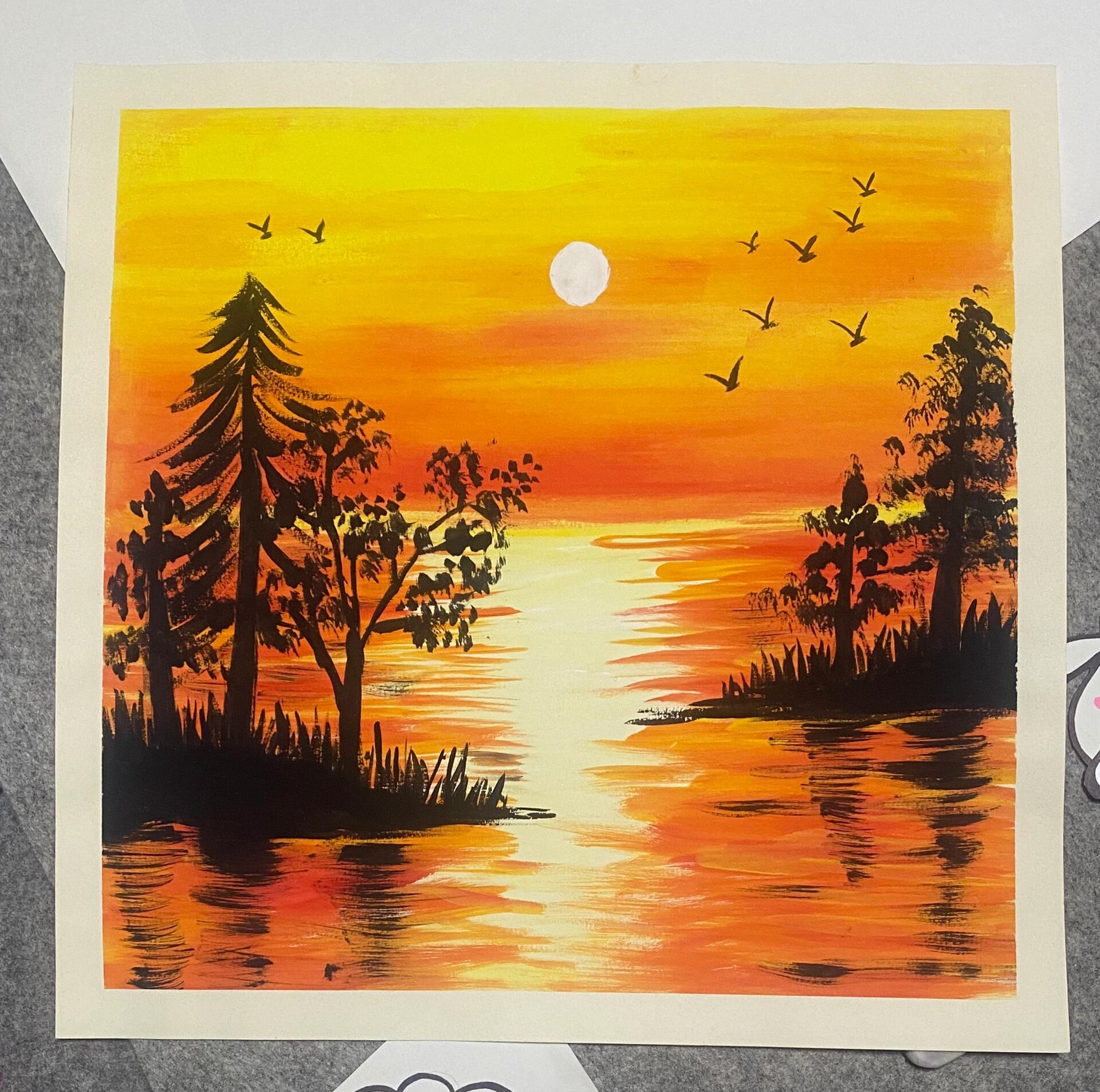 水粉画《夕阳》 我示范着画这么好看的范画