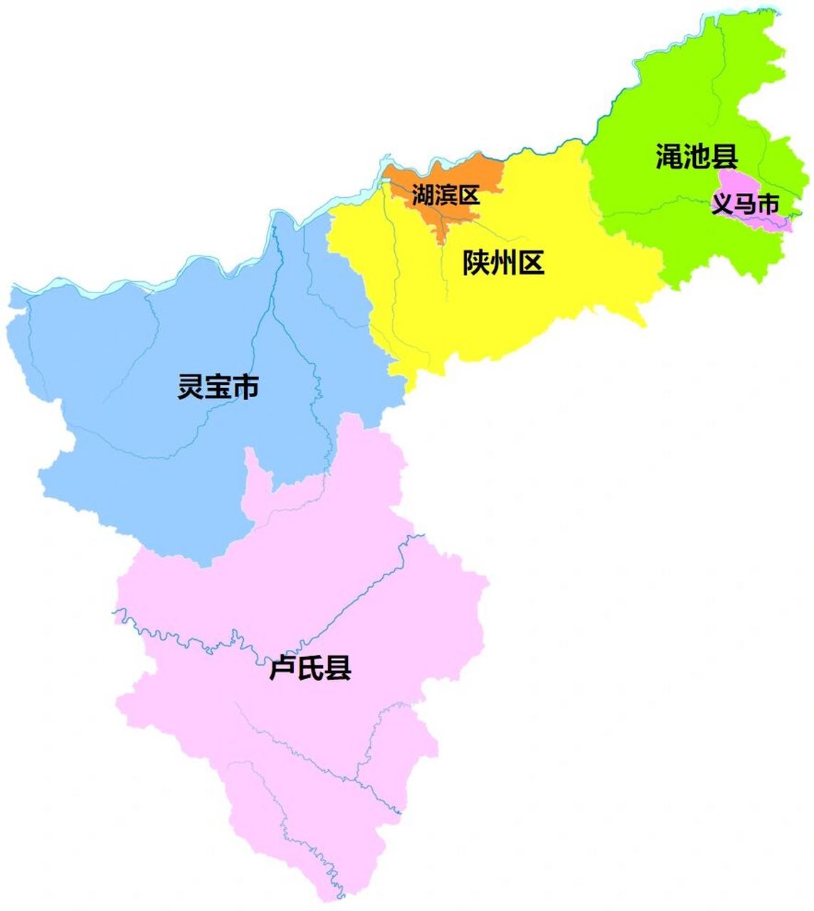 三门峡全市划分为 2个区:湖滨区,陕州区; 2个县:卢氏县,渑池县; 2