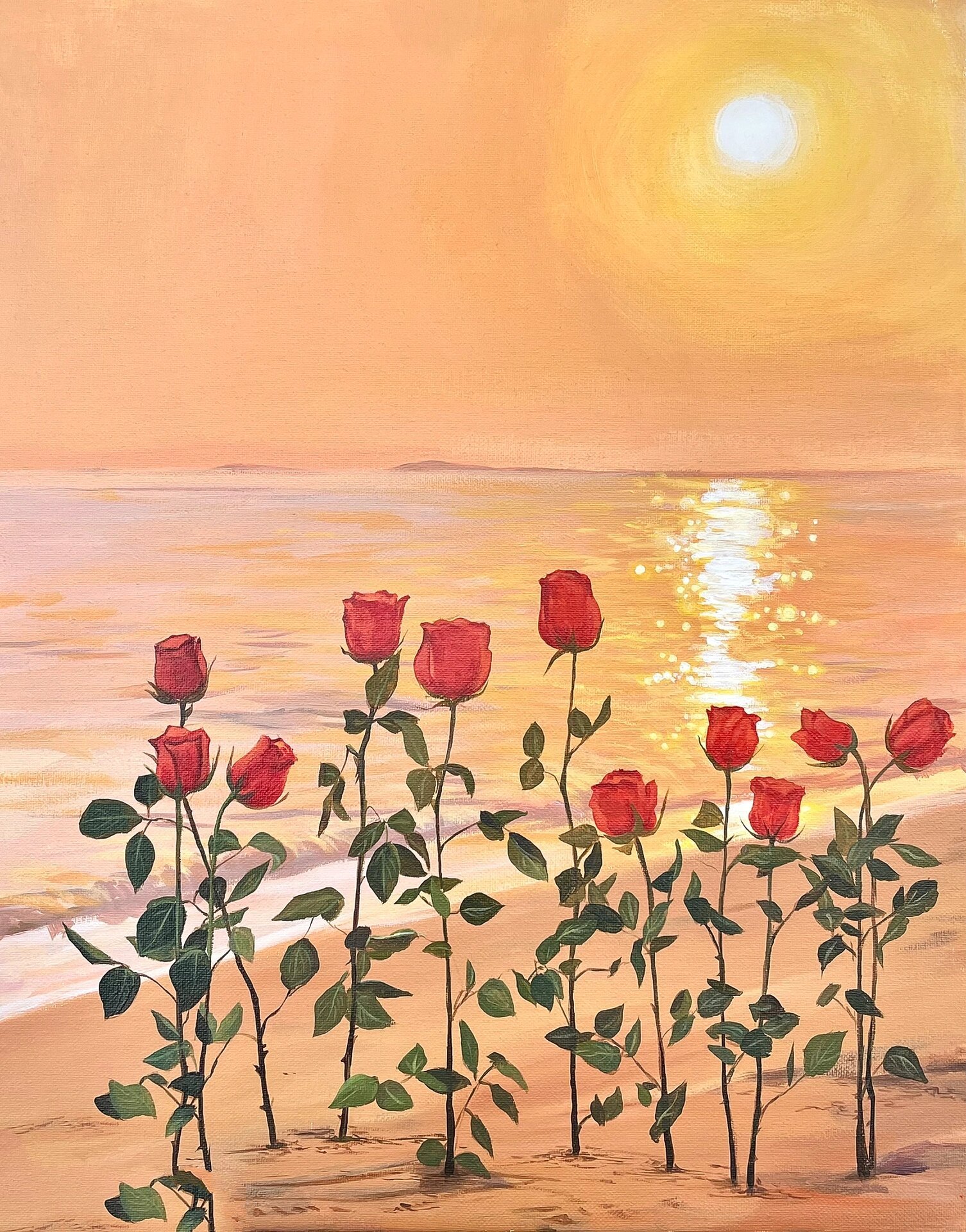 夕阳玫瑰 丙烯画 油画 手绘 照片写生