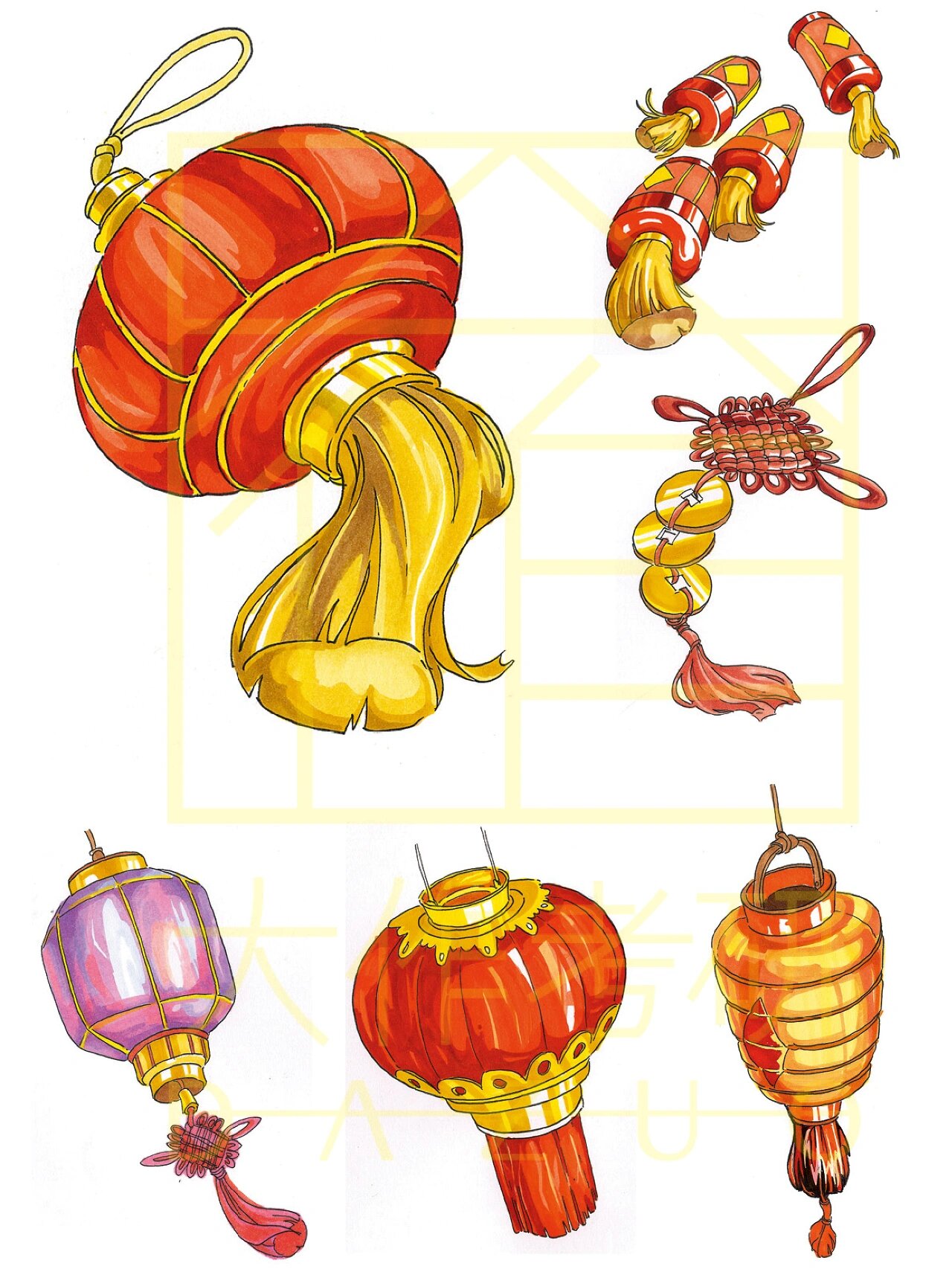 考研马克笔手绘元素丨灯笼和平安结