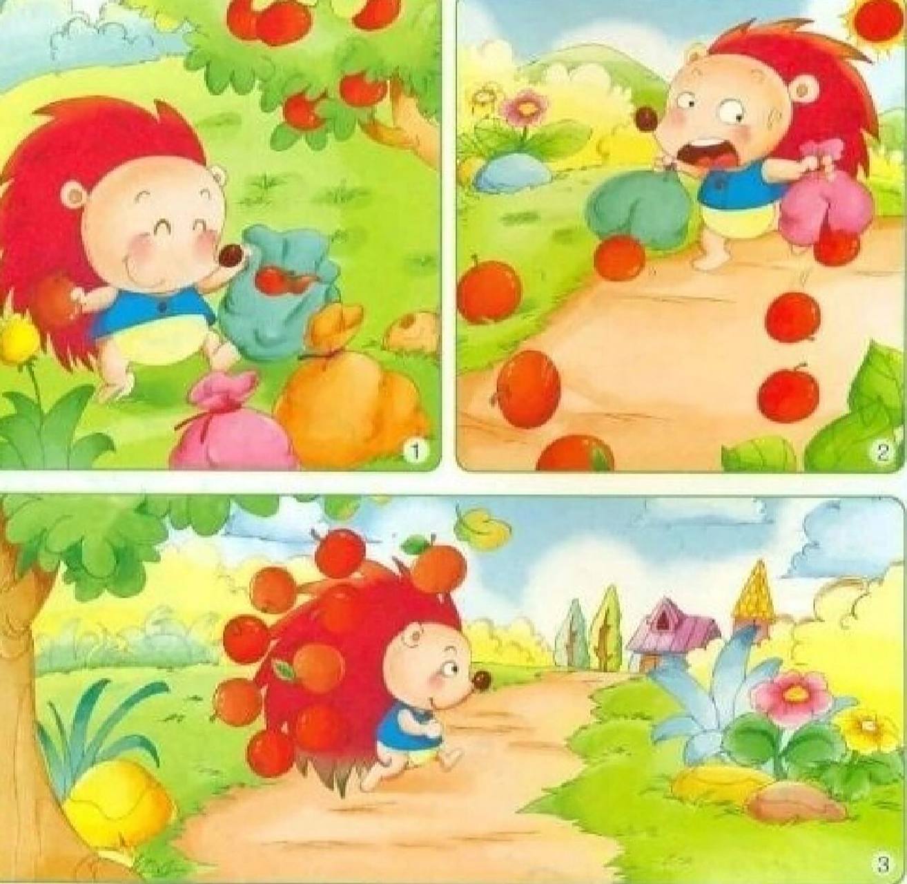 看图写话 小刺猬搬苹果 硕果累累的秋天到了,一棵大树上长满了红通通