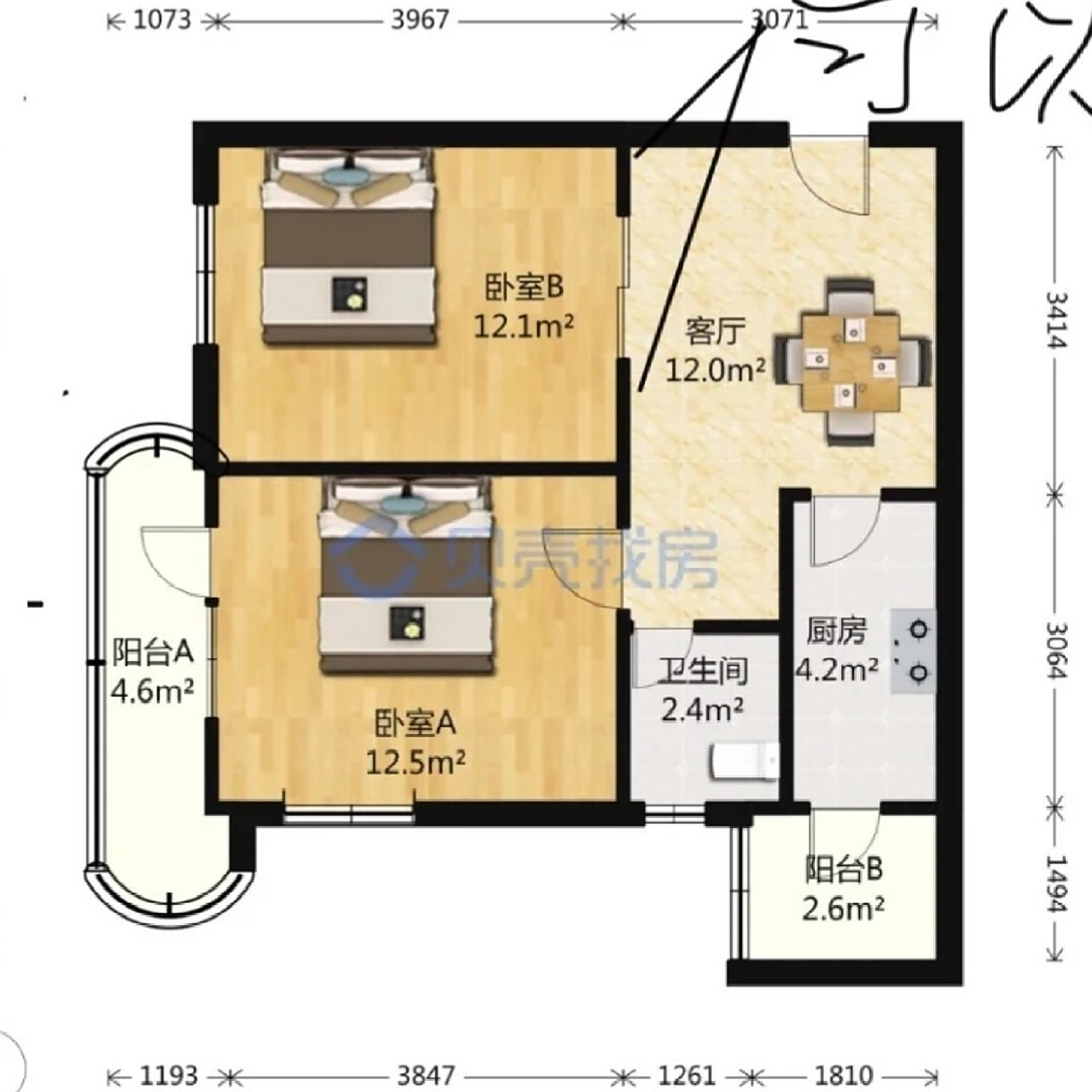翻牌 两室改三室还要扩大客厅 业主的需求是二室改三室,而且明确表露