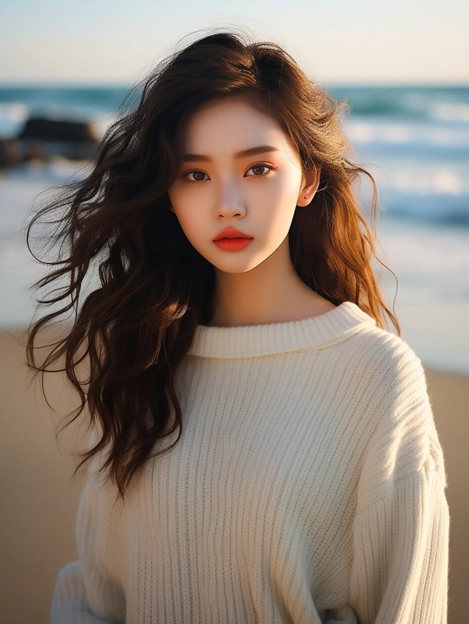 美女 清纯少女 海边 头像 微信头像 蓬松的白色毛衣轻拂着她的皮肤