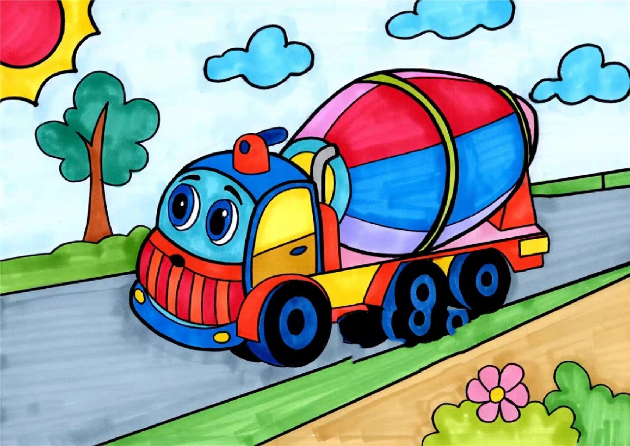 《搅拌车》马克笔创意儿童画 简笔画
