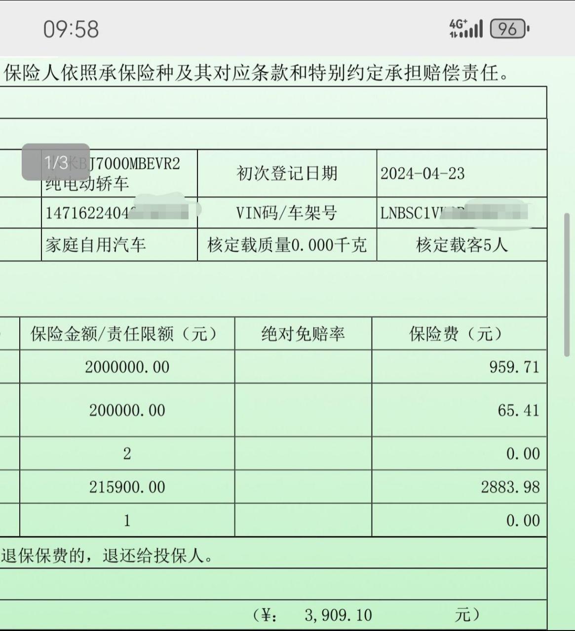 251,900的车损险,200万的第三者,第1年商业险保费3900 .
