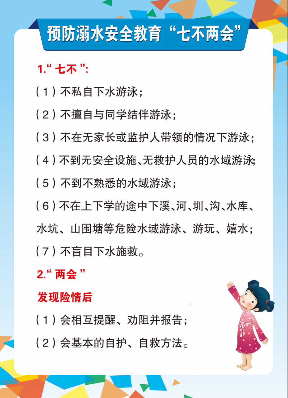 幼儿园小学假期预防溺水安全教育"七不两会 1.
