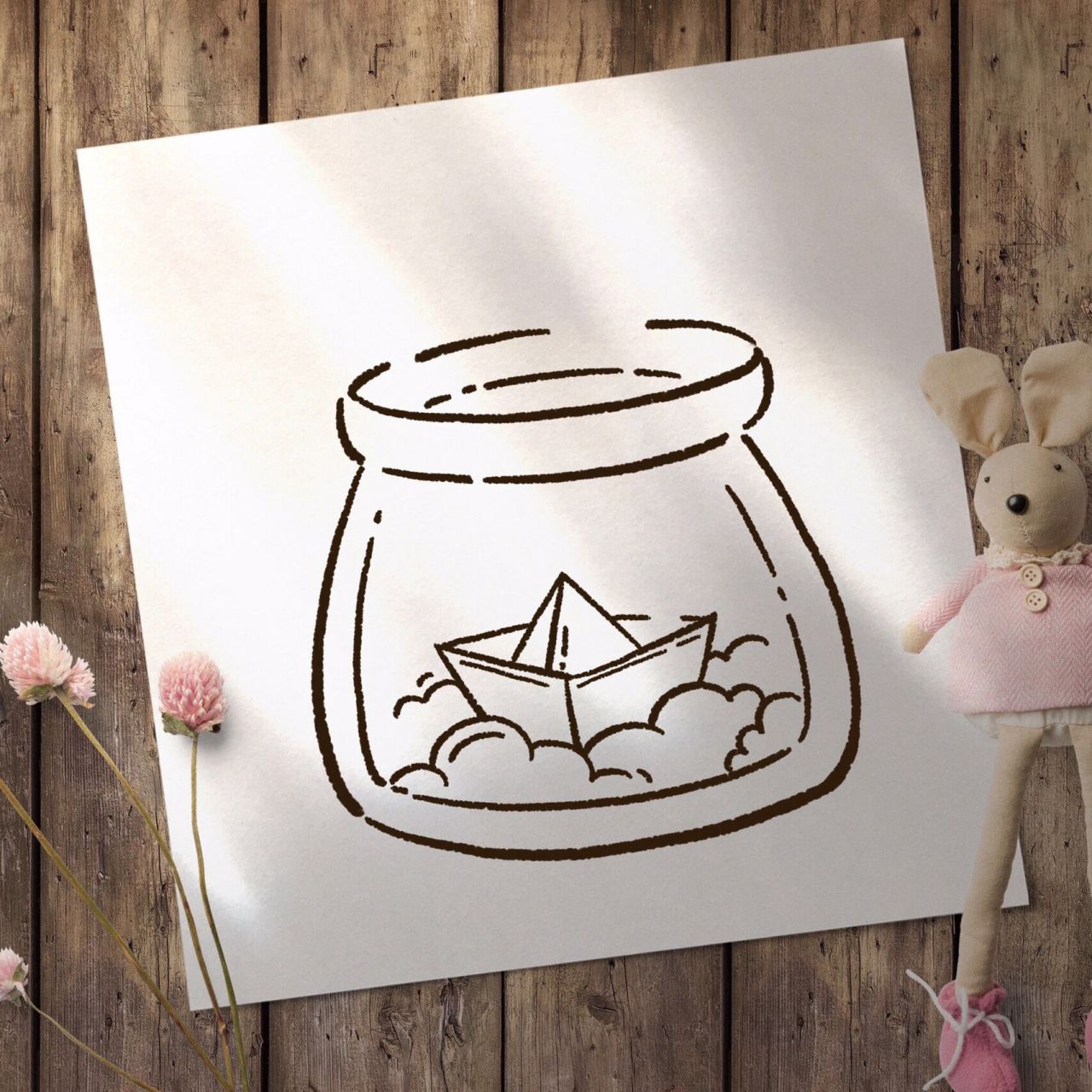 打卡ins风简笔画 小帆船梦幻许愿瓶 把愿望带去远方吧