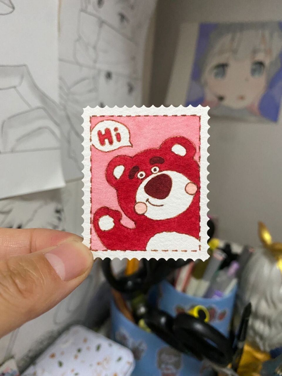 草莓熊邮票书签92(附过程)莓有烦恼简笔画 画邮票书签好解压,粉色系