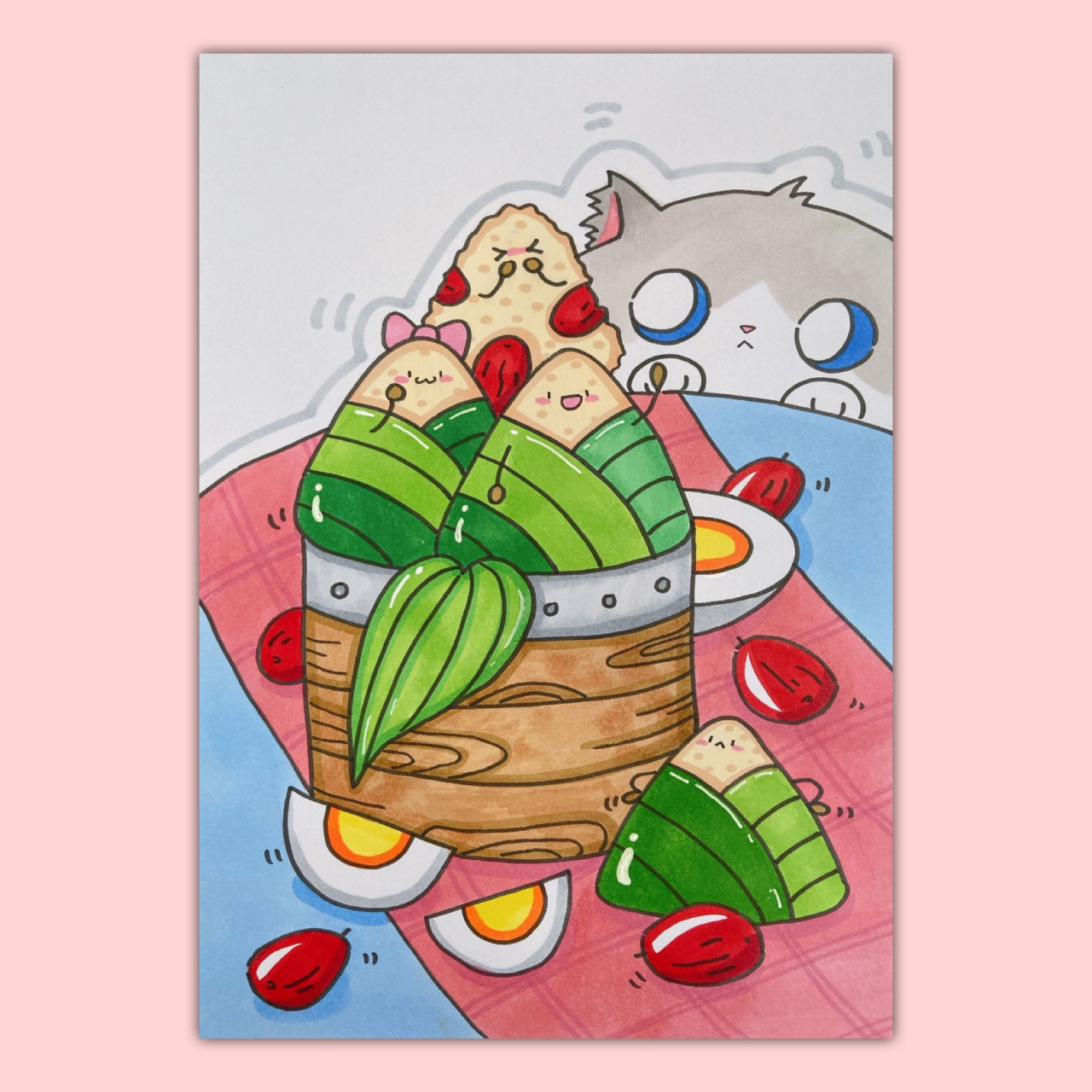端午节主题粽子儿童画简笔画马克笔儿创手绘 把我家的猫咪加进去了