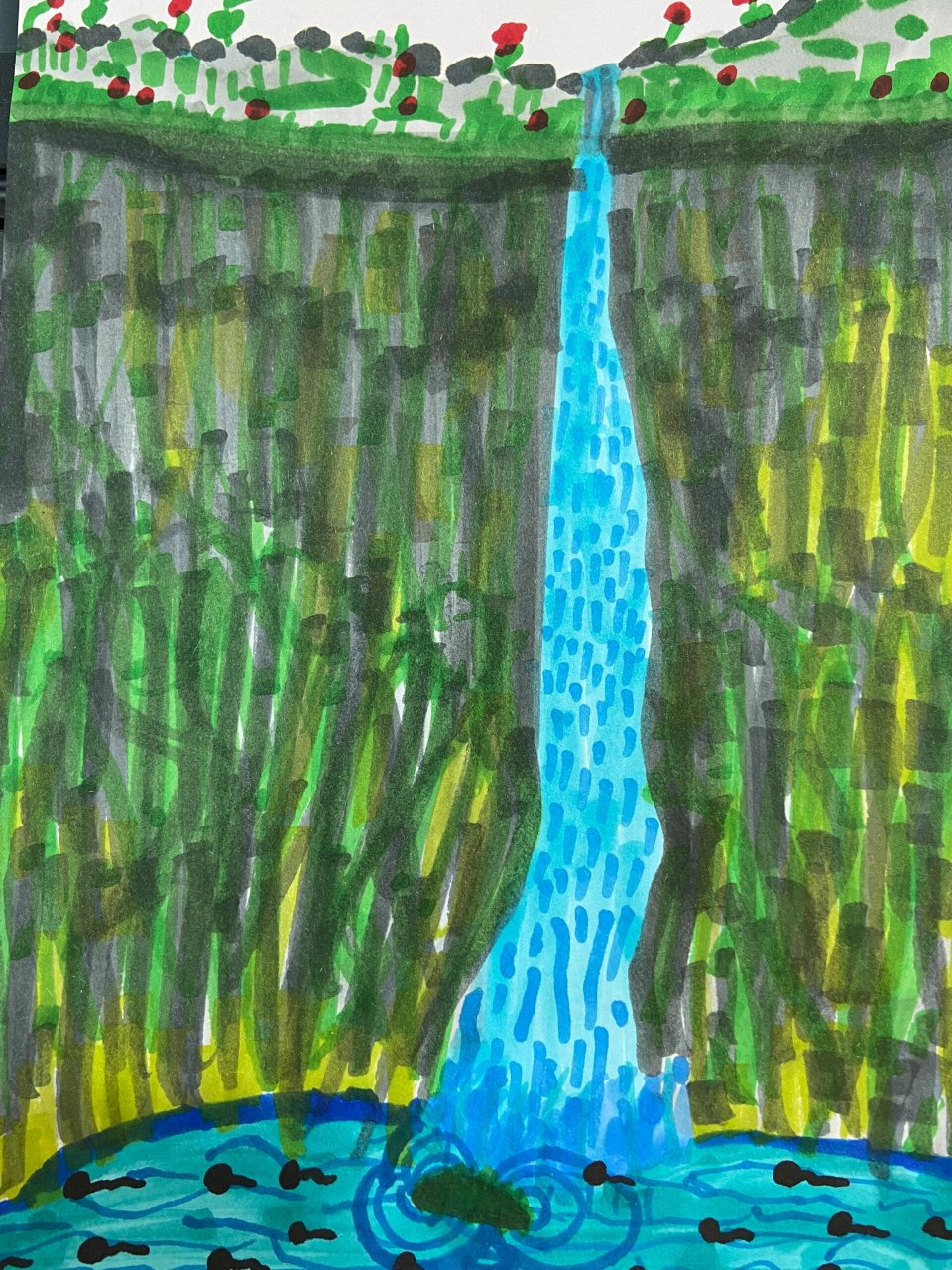 少儿手绘|潺潺的小溪水 这个内容可以通过理解线描画中线条的疏密,曲