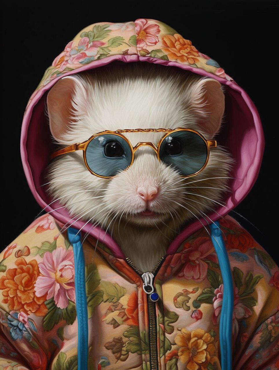 "戴眼镜和连帽衫的仓鼠油画" 这是由ben zoeller创作的一幅逼真的油画