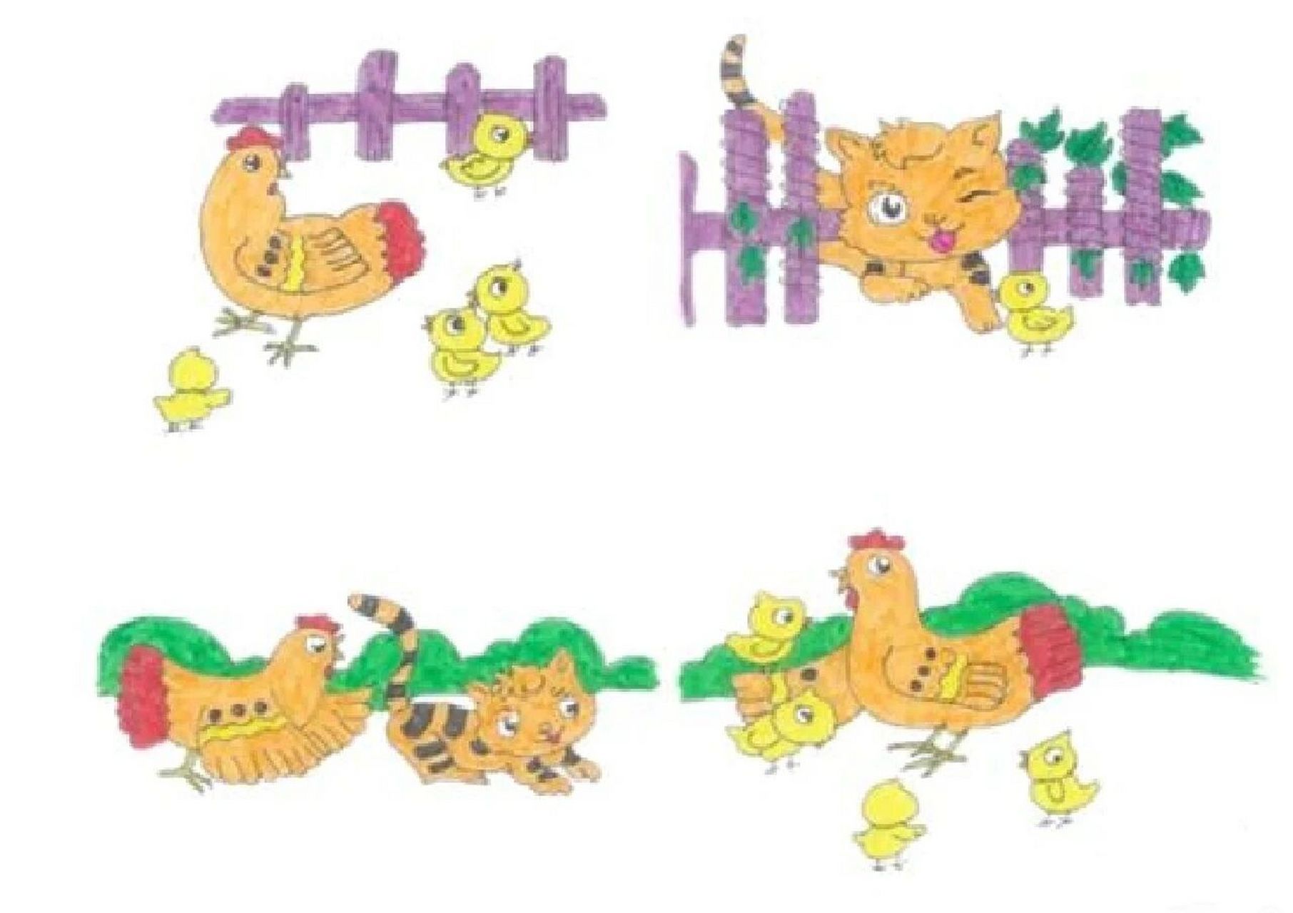 一只调皮的小鸡离开了鸡群,独自一人去玩,突然一只大野猫发现了小鸡