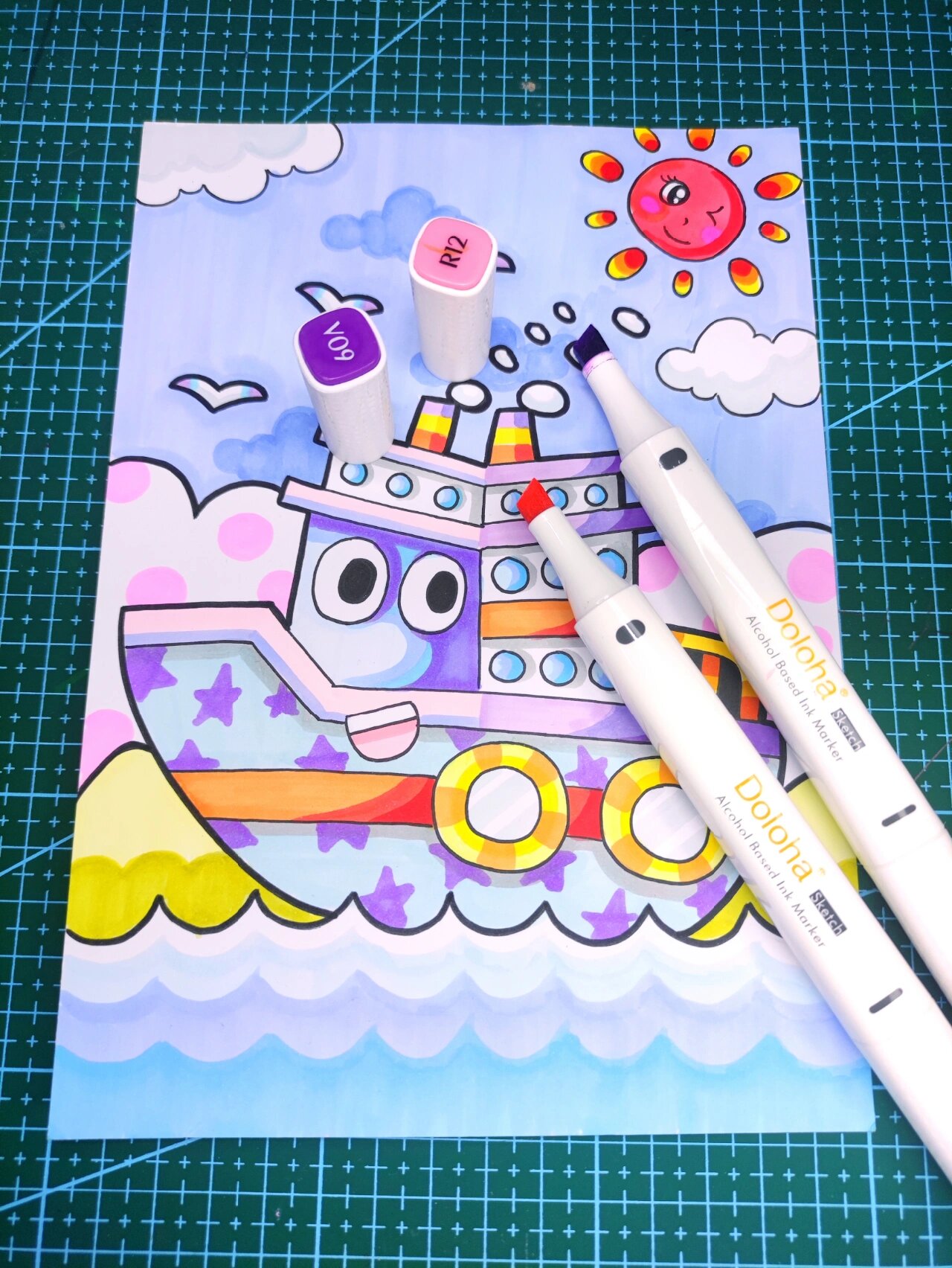 马克笔儿童画《远航的船》附线稿