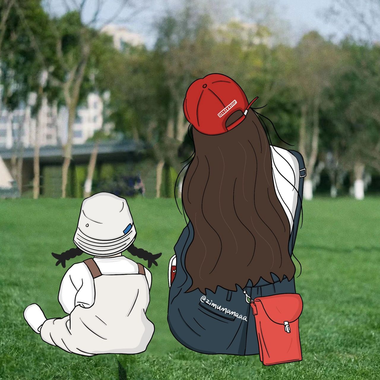 插画头像|画了一组亲子背影头像|母子母女 今天的图画完 喜欢可做私人