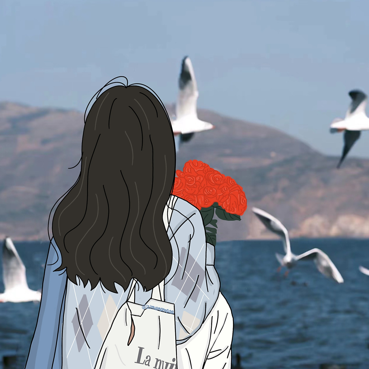 插画头像|捧花海边背影女生头 喜欢可做私人头像,其他一切禁止,感谢