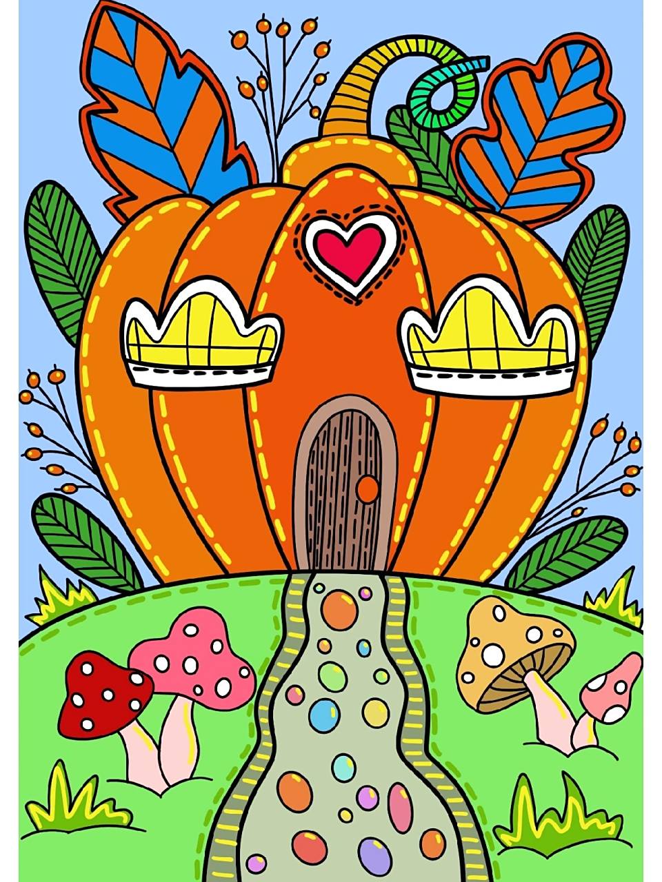 彩色线描/《南瓜屋》/儿童创意美术 画种:儿童画 年龄:4~6岁儿童 材料