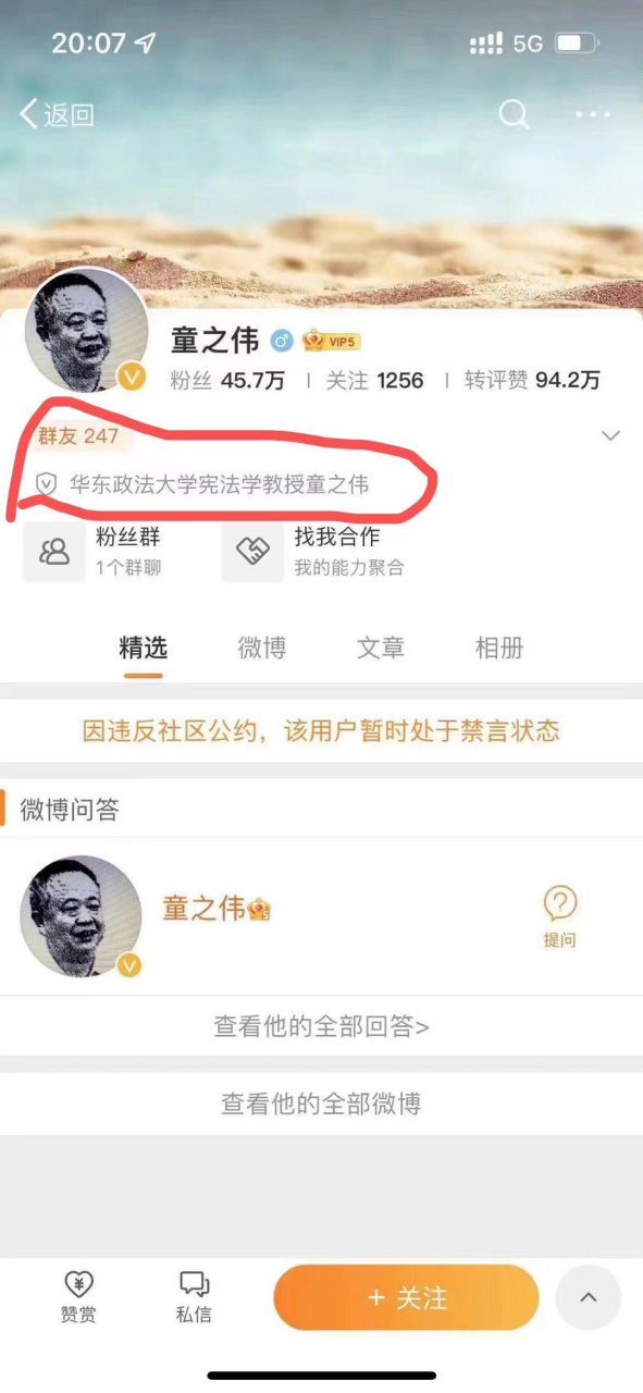 华东政法大学宪法学教授童之伟微博被禁言.