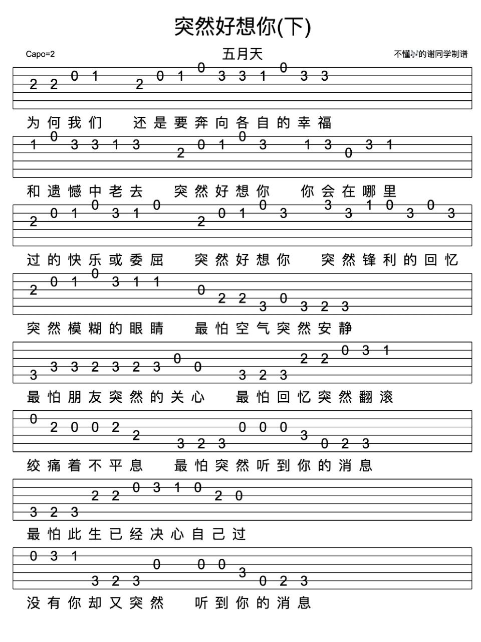 五月天《突然好想你》新手指弹吉他谱      	 《突然好想你》收录在