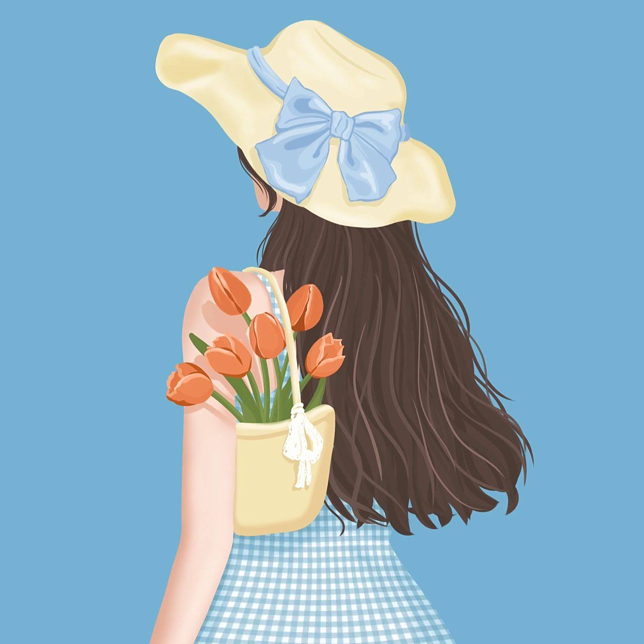 捧花背影女孩插画  插画头像 花朵女孩背影 更喜欢图1,2,49999