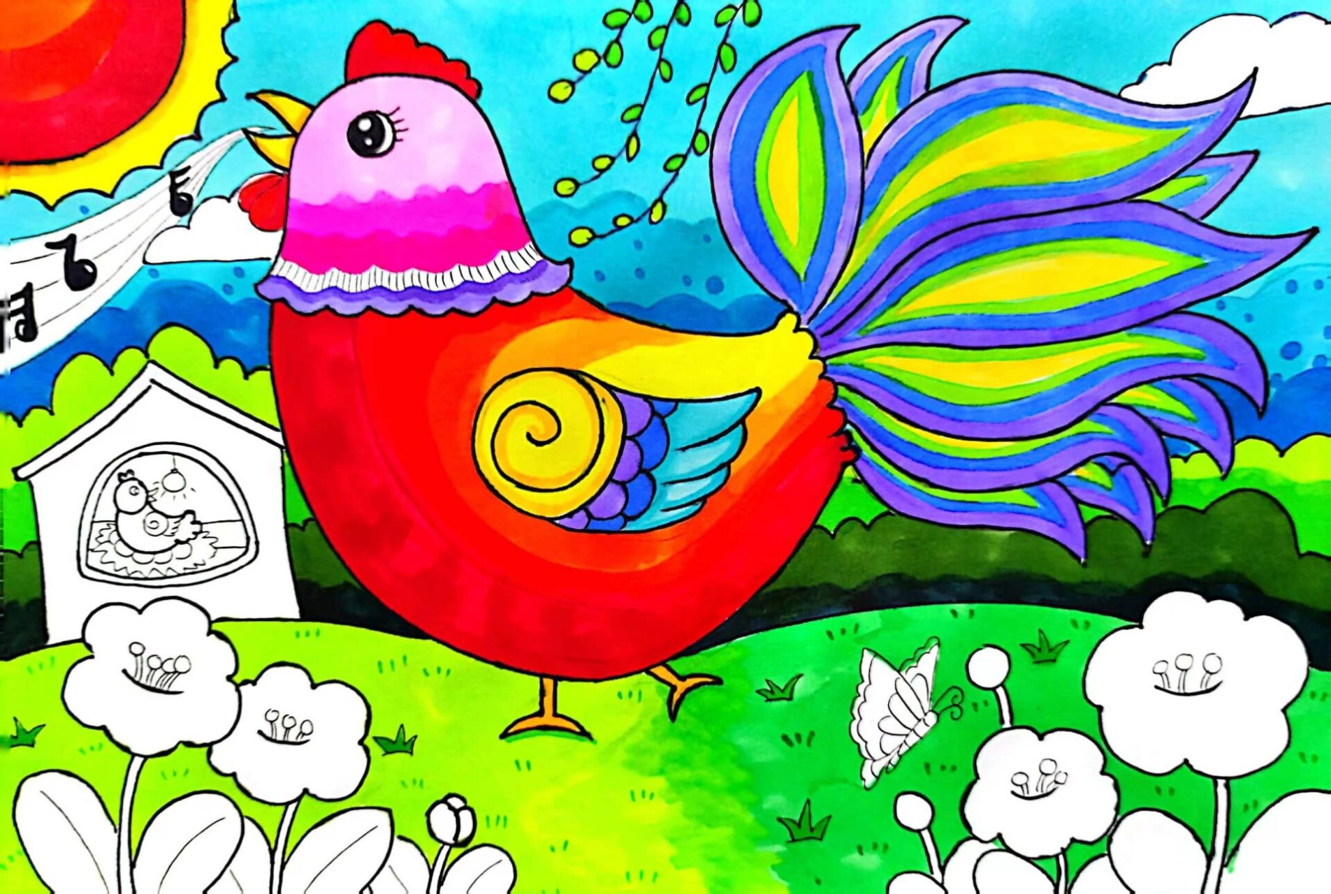 7-8岁马克笔儿童画《美丽的大公鸡》 同款课件作品左下方链接购买即可