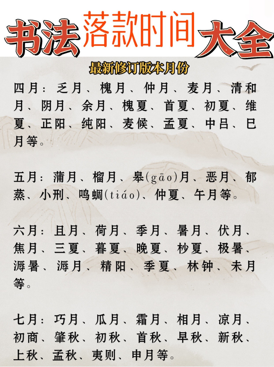 2023最新修订版本月份-书法落款月份书写 旧历分春,夏,秋,冬四个季节