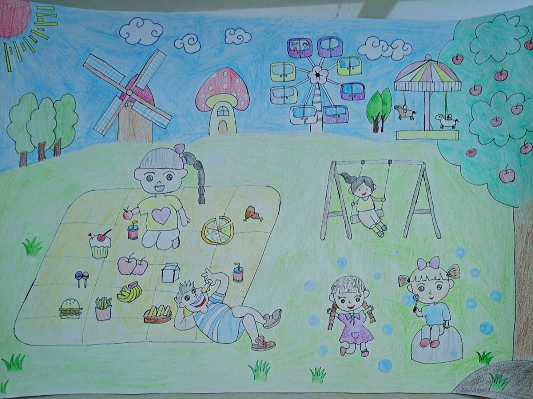 一年级绘画《美好的童年》 娃学校里的作业,要求主题是《美哉童年