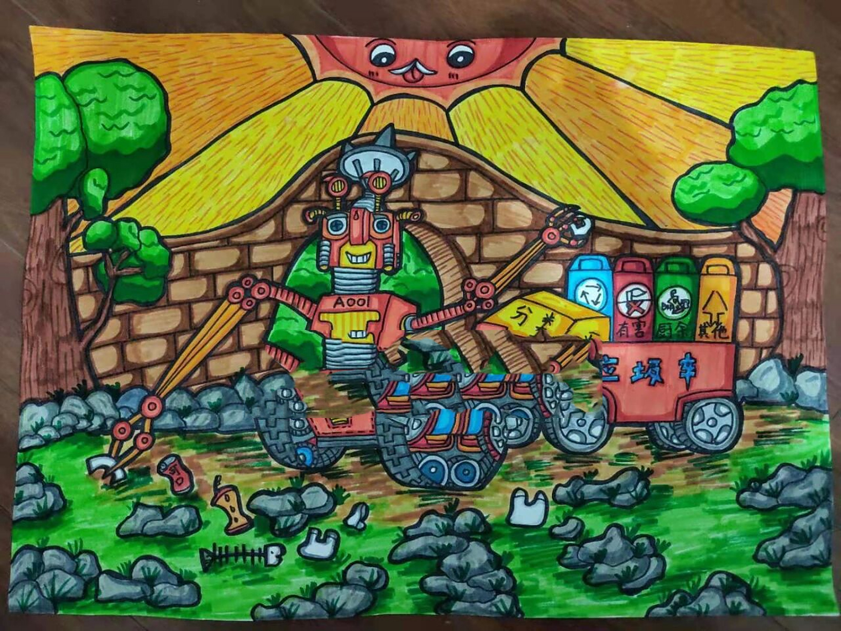 儿童科幻画《多功能垃圾车》 多功能垃圾车,可自动拣垃圾并分类.