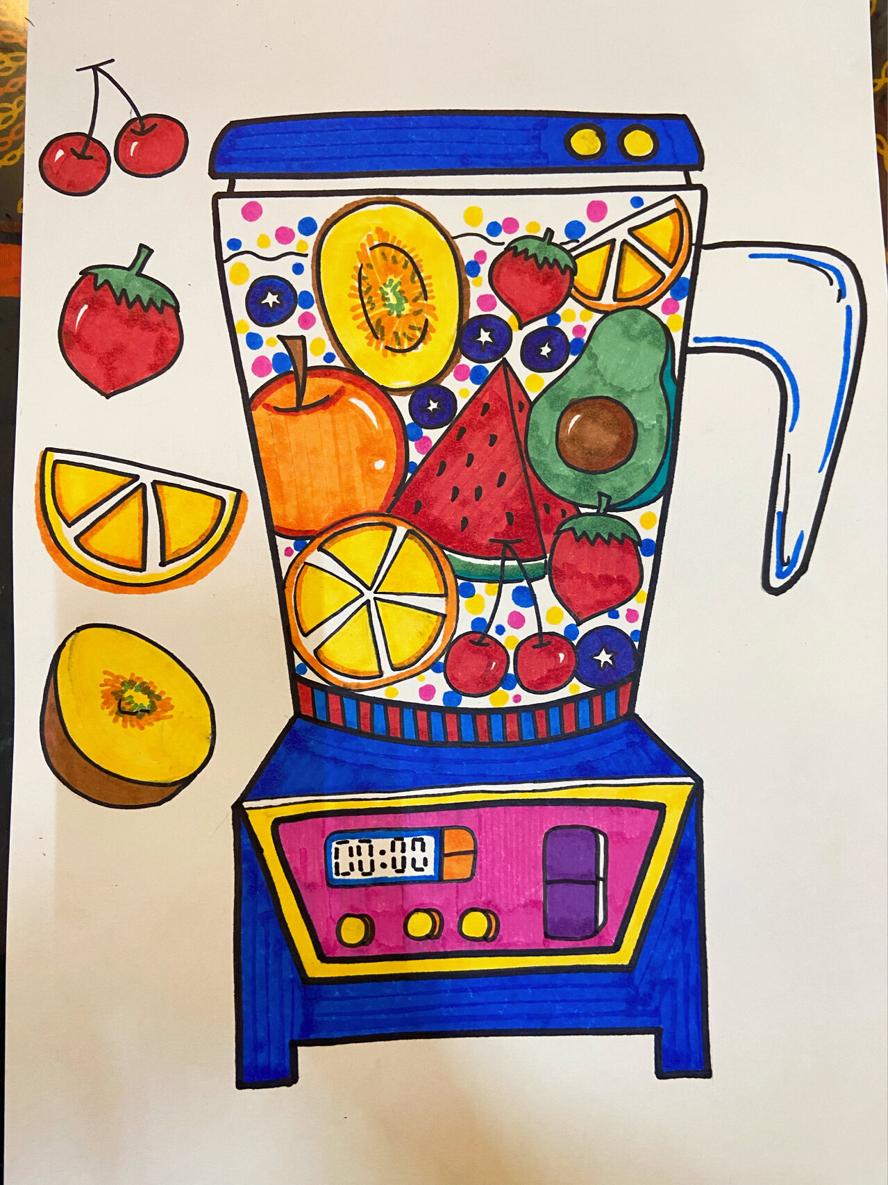 儿童画/榨汁机/内附线稿/过程图 彩色卡纸77马克纸77马克笔77