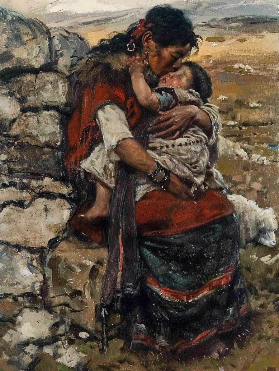 ai油画|抱着孩子的藏族妇女