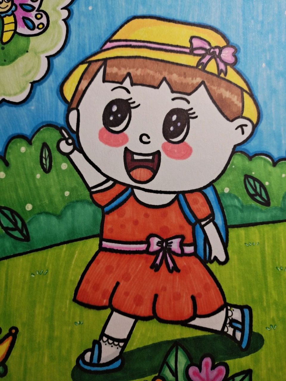 上学歌儿歌,上学去主题简笔画 涂色到一半想起来拍线稿 非原创,临摹有