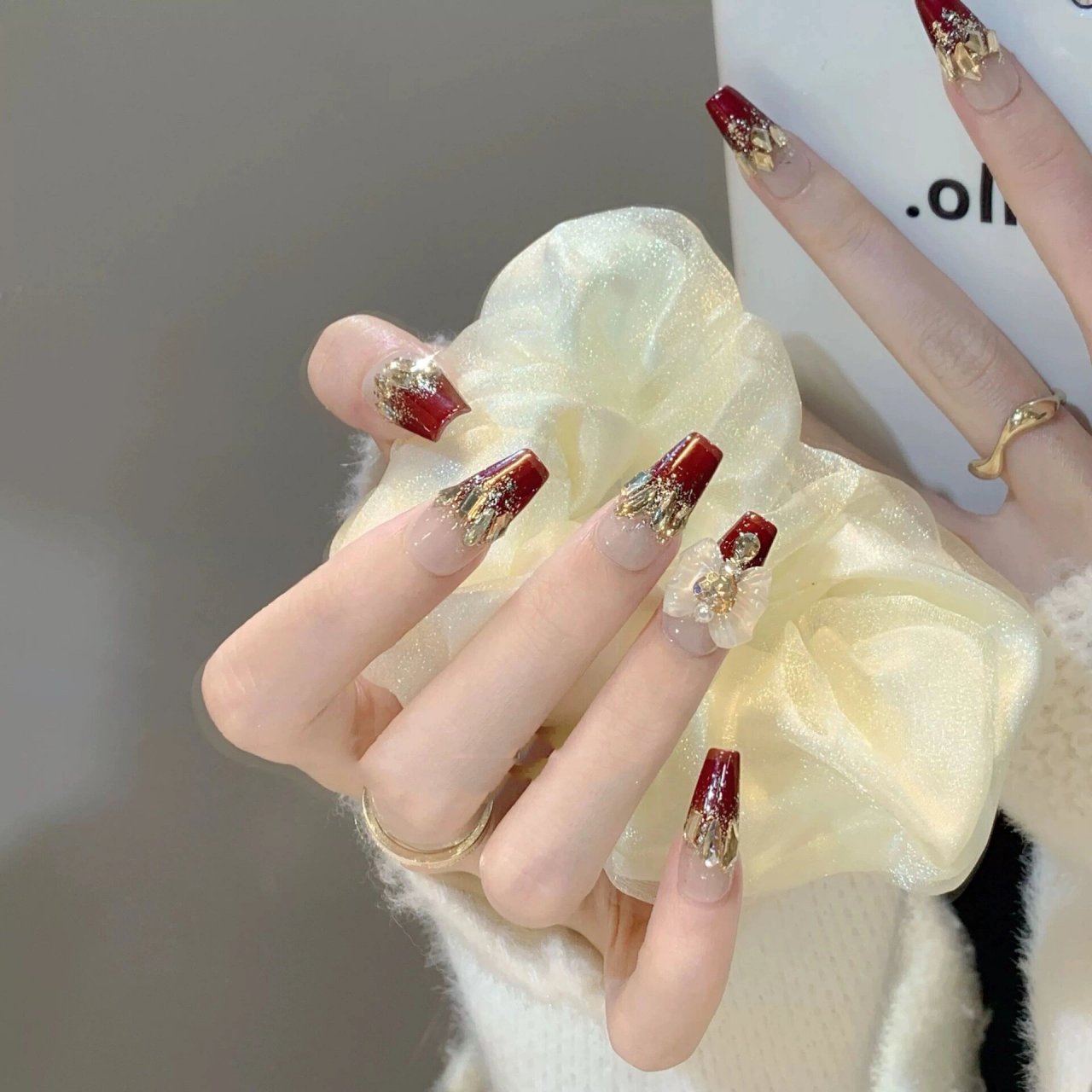 多金显气质显白 手工制作金羽琉璃穿戴甲 长款法式指甲贴成品 高级感