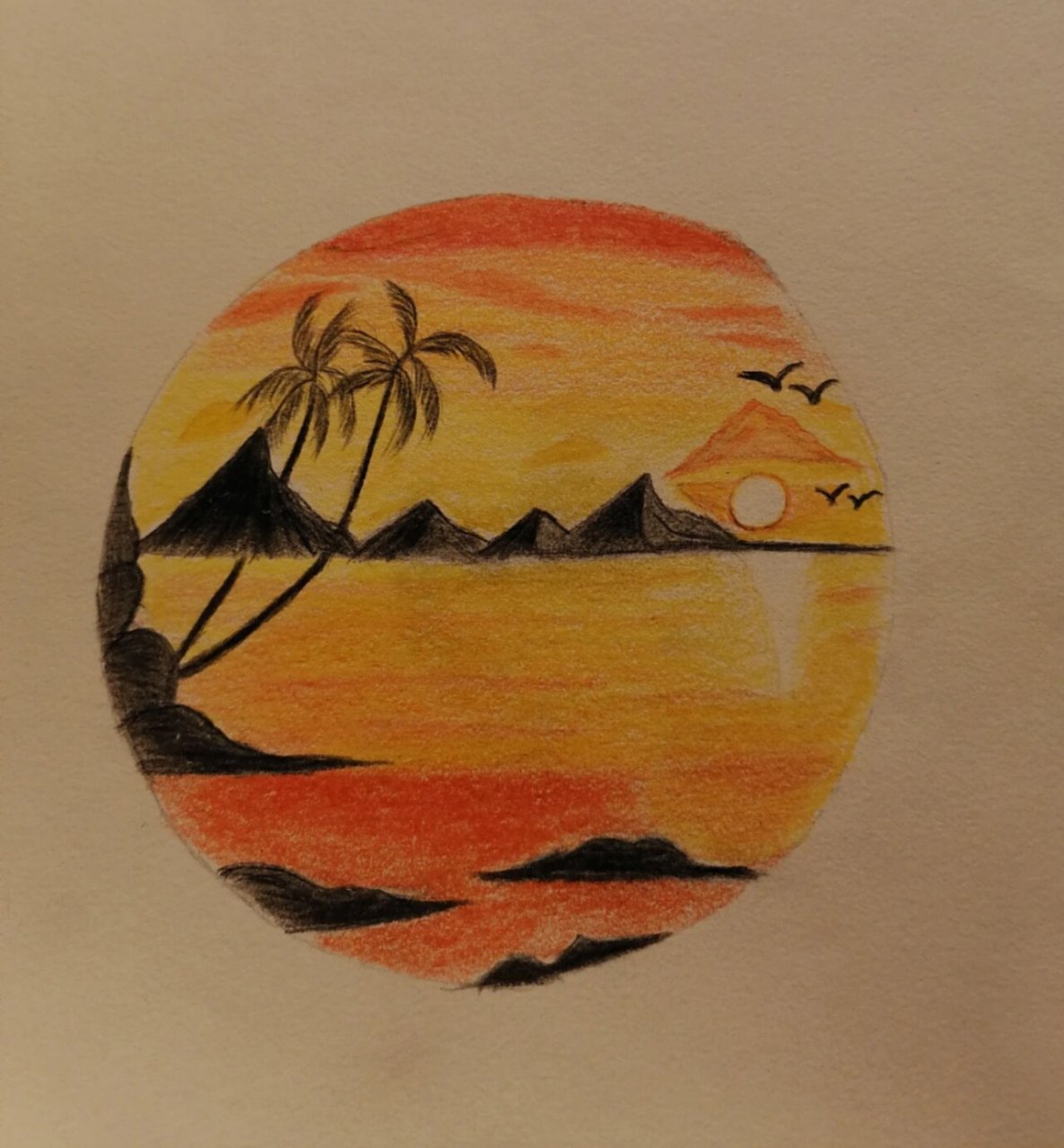 晚霞温柔风也醉人,一起看夕阳西下美景彩铅画,新手小白,沉浸式绘画