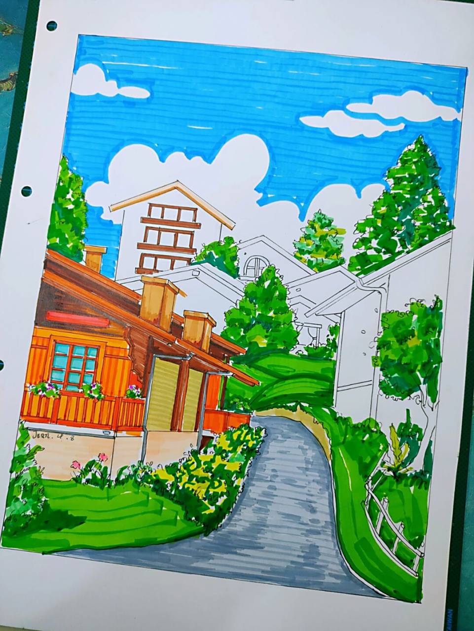 马克笔风景画(山中小屋)上色 #马克笔画# #风景画# #马克笔风景画# #