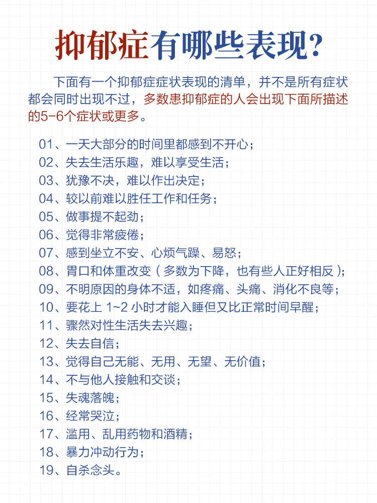 下面有一个抑郁症症状表现的清单,并不是所有症状都会同时出现补