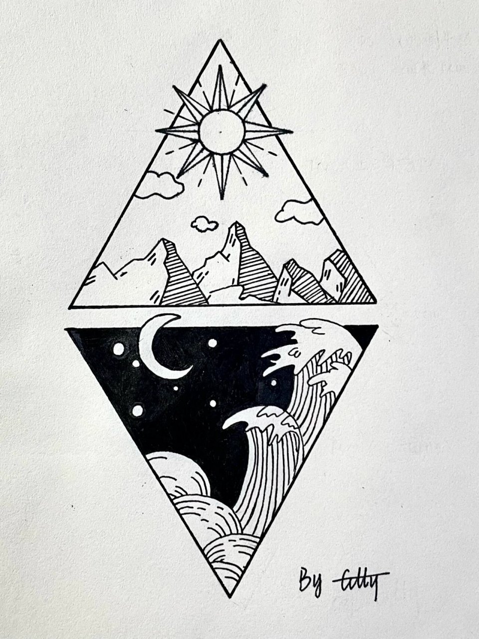 山水黑白简笔画7215(4)|内附详细教程 日月山水,好有意境!