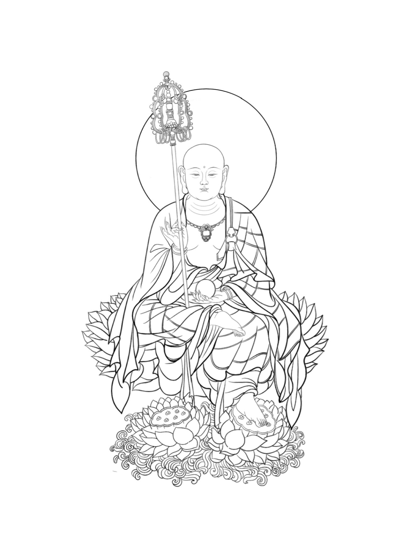 工笔白描画稿—地藏王菩萨座像