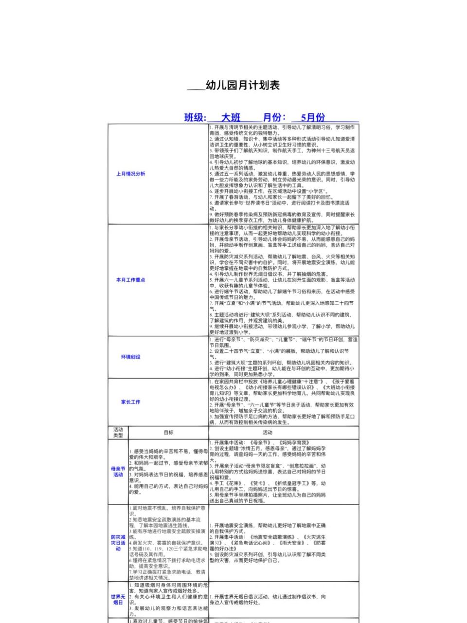 幼儿园五月份工作计划图片