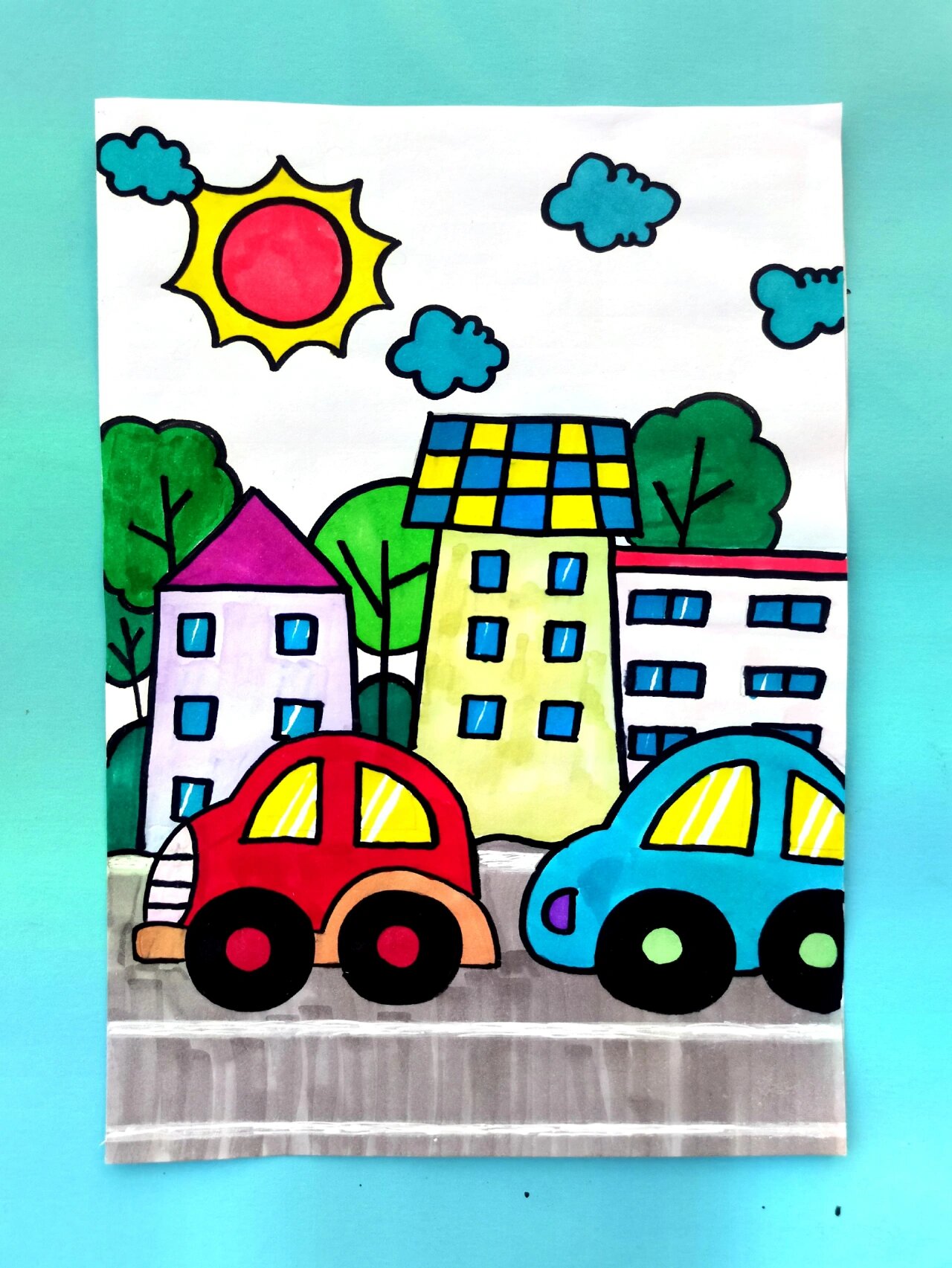 小汽车简笔画,热闹的马路