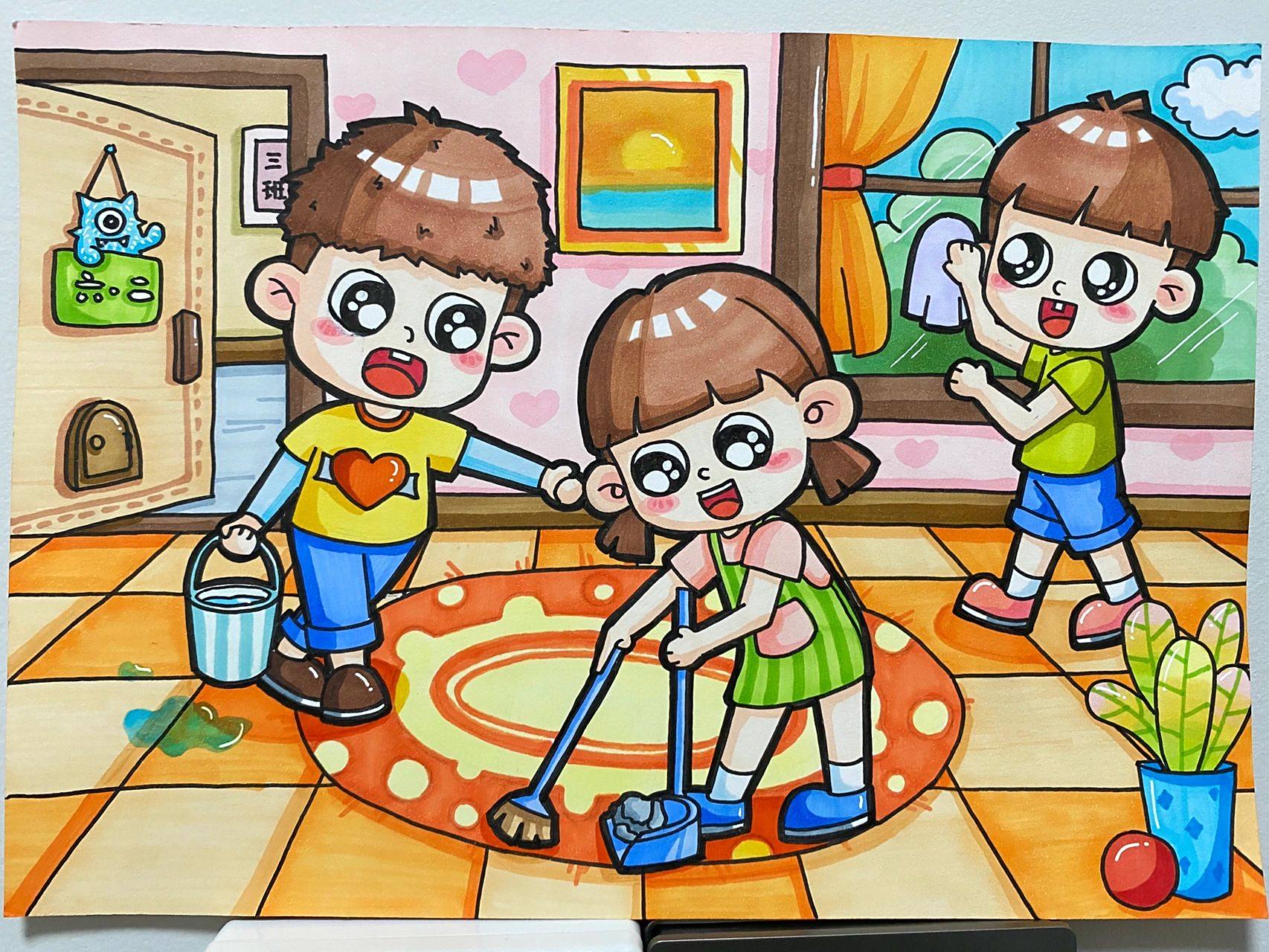 儿童画 主题儿童画 室内场景《扫除》8 又是忘记拍线稿的一天