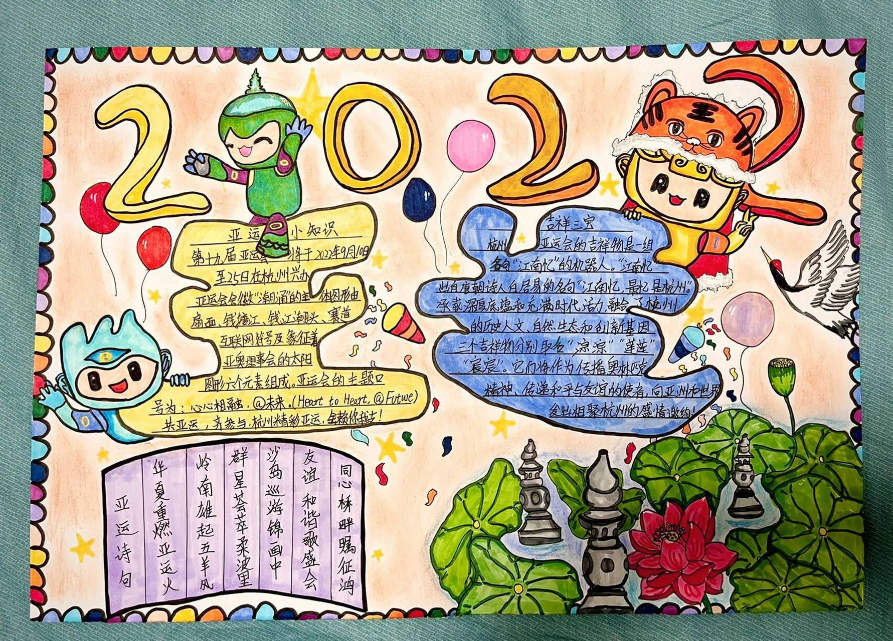 亚运手抄报 第一次自己构思排版,除了文字内容,妈妈完全没插手.