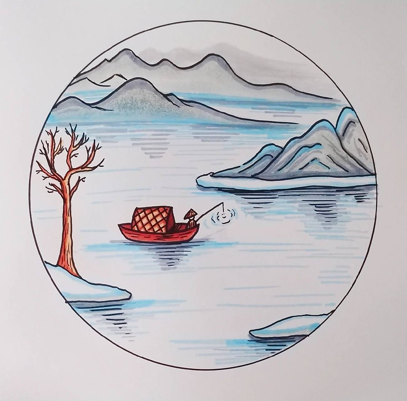 《江雪》诗配画 孤舟蓑笠翁,独钓寒江雪.