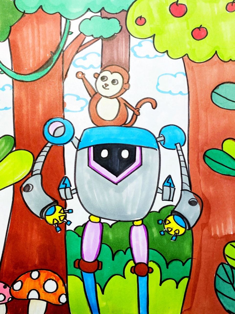 森林里的机器人 #卡通画# #马克笔# #儿童画# #森林# #机器人儿童画