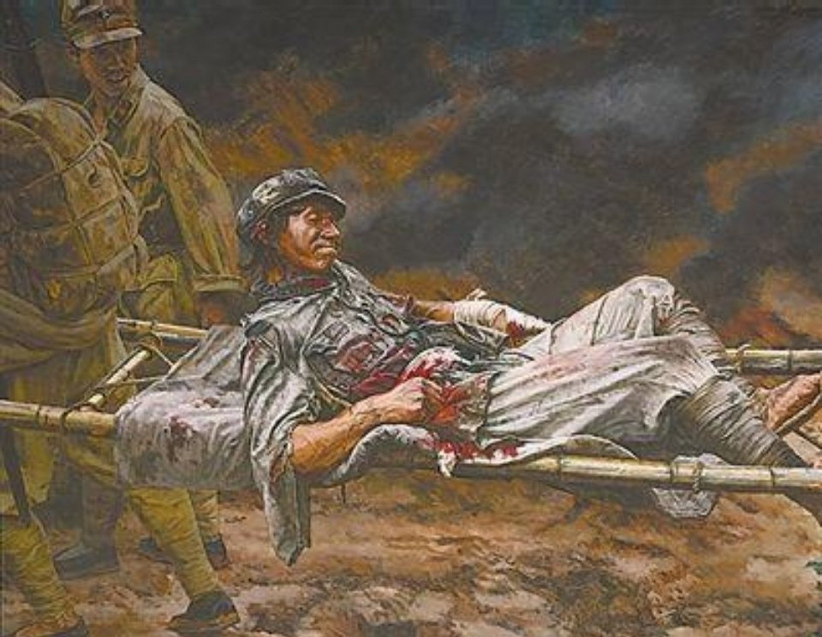 "想到这里,躺在担架上的红军战士,把手从伤口伸进自己的肚子里,用尽