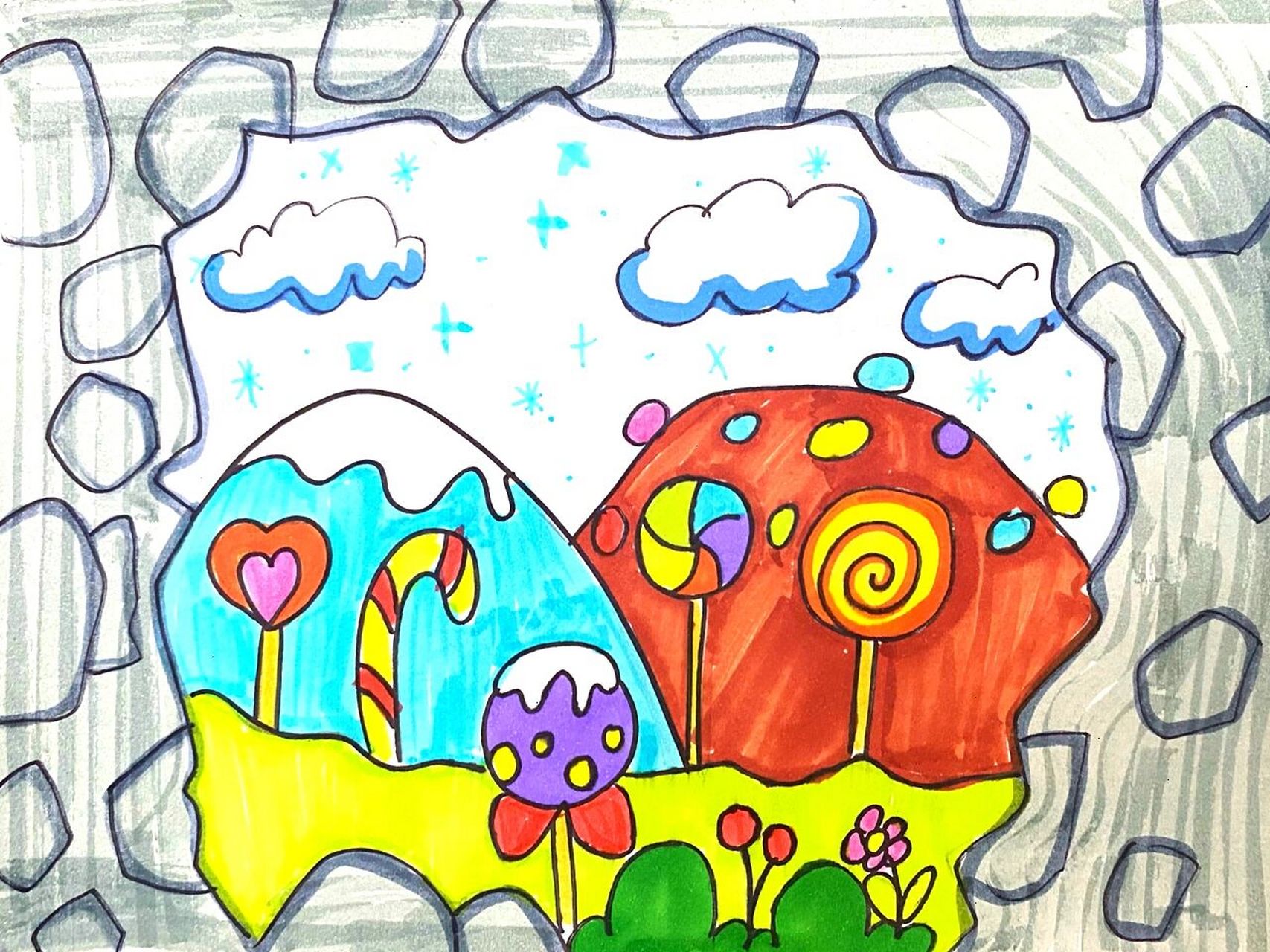 山洞儿童画 #马克笔# #卡通画# #儿童画# #创意儿童画# #山洞儿童画