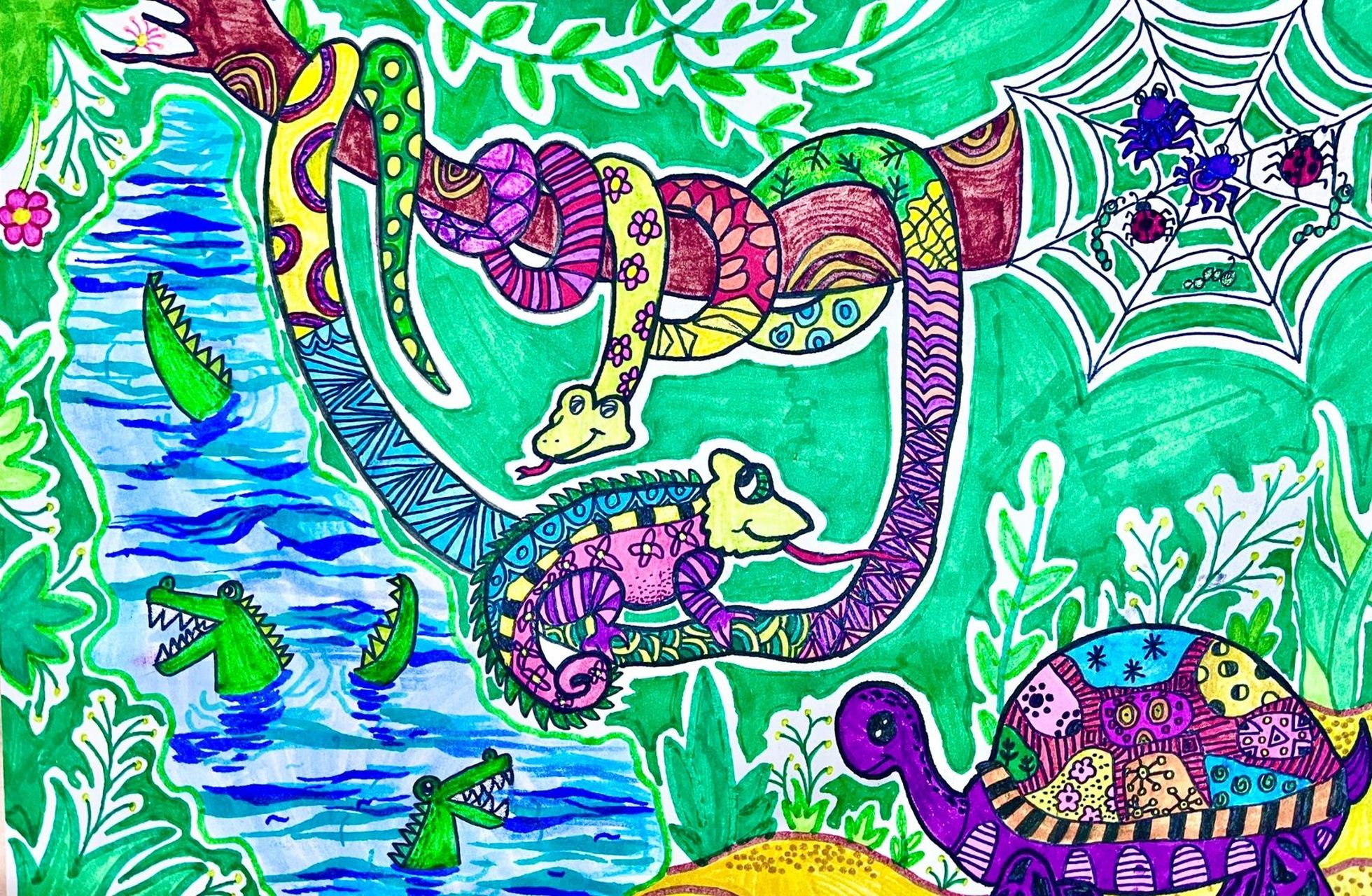 美术一年级下册《奇妙的爬行》学生作品 了解爬行动物的种类及爬行